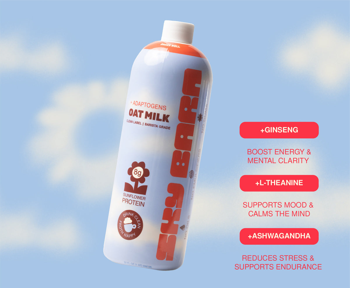 Oat milk bottle with supplement label against a blue sky background