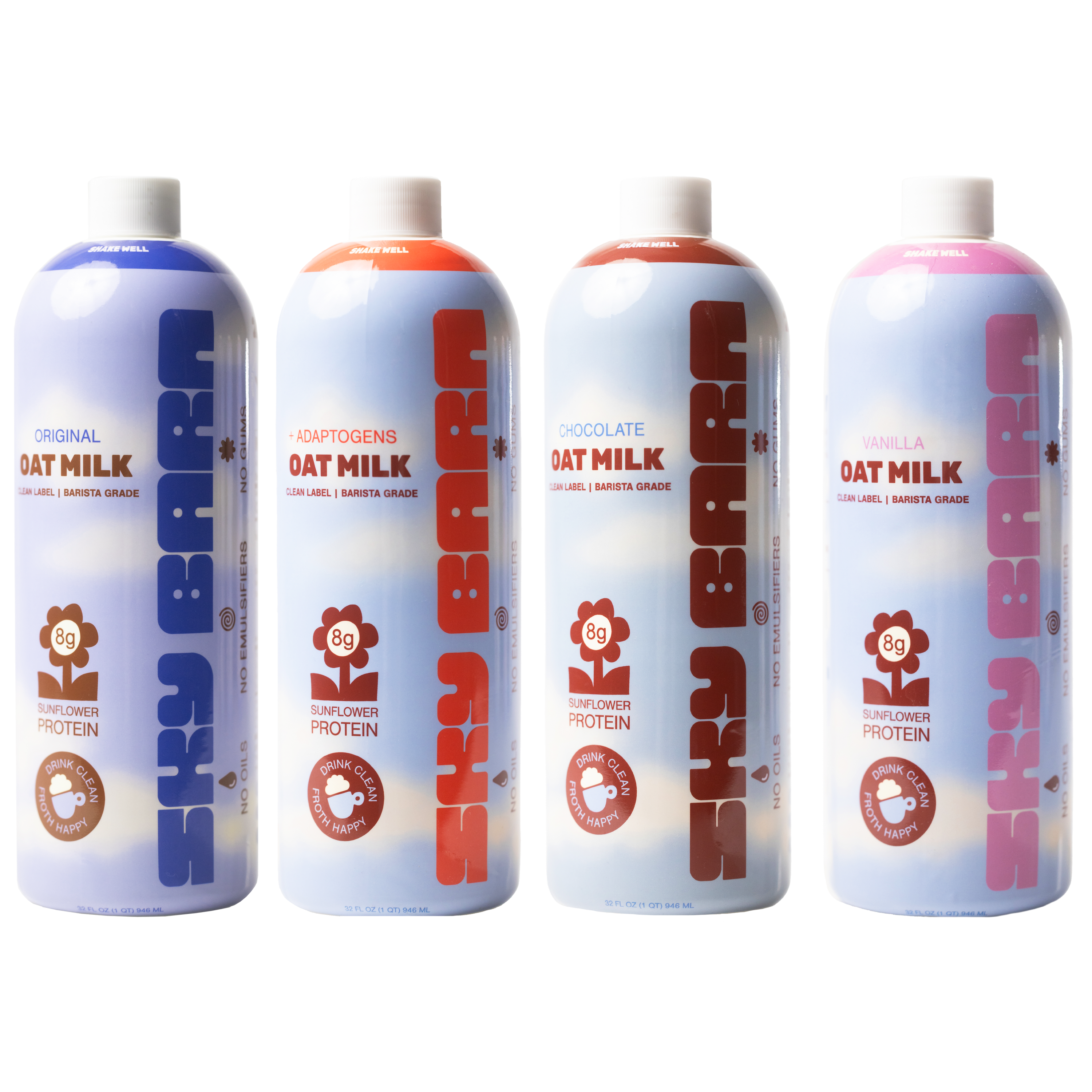 Four flavors of barista grade oat milk, original, vanilla, chocolate, and adaptogen milk