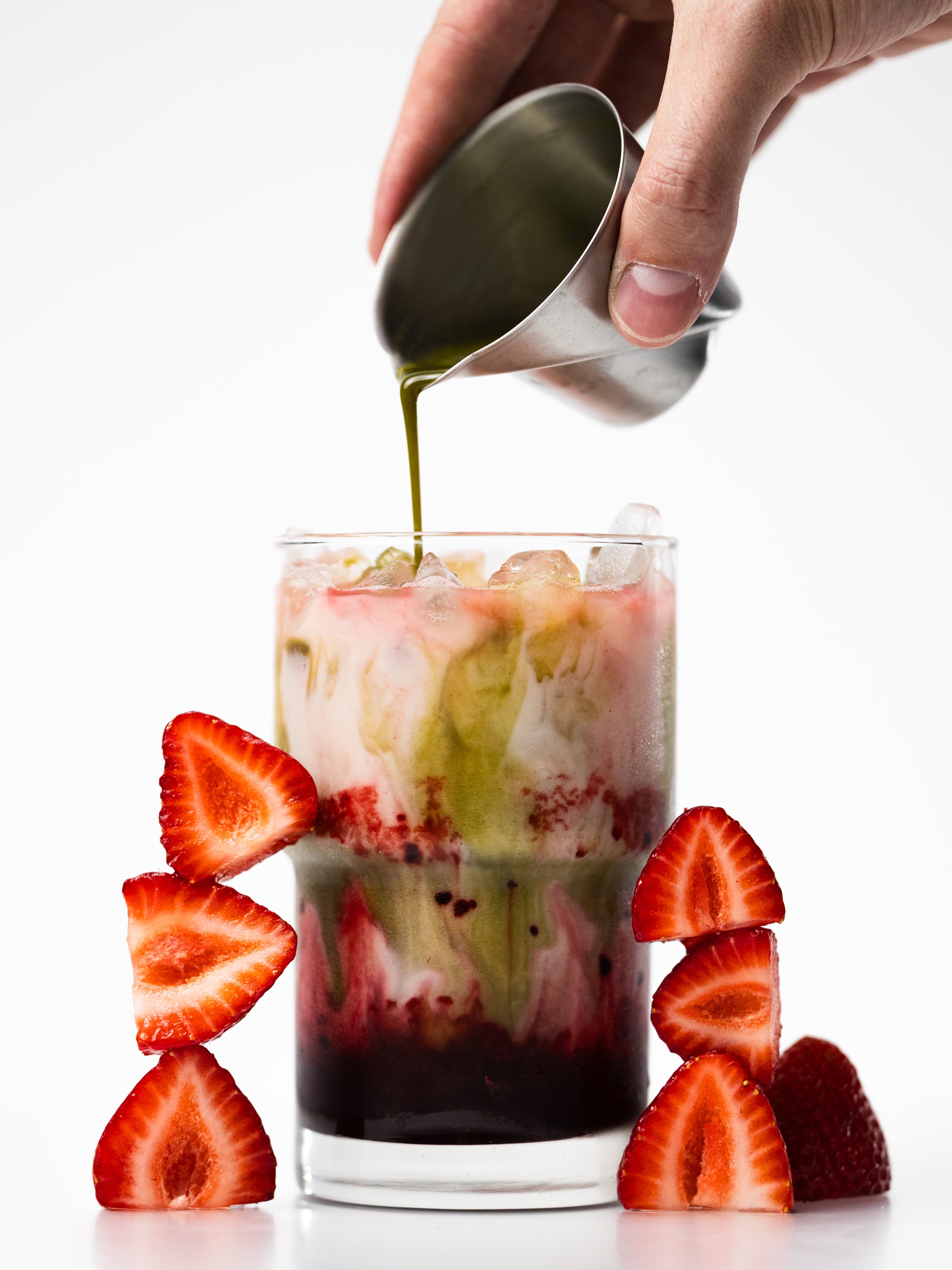 Strawberry Jam matcha latte with vanilla sky barn oat milk