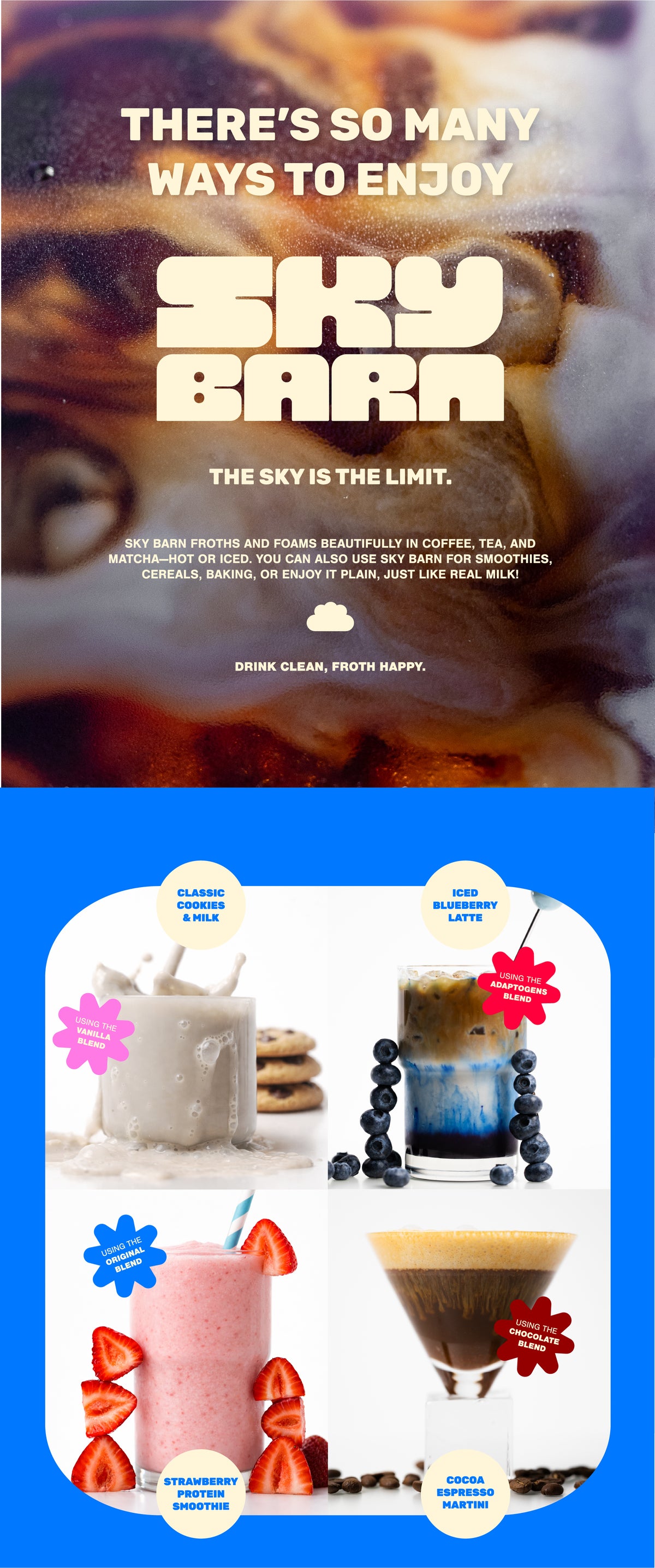 Promotional graphic for Sky Bar with text and images of drinks and snacks.
