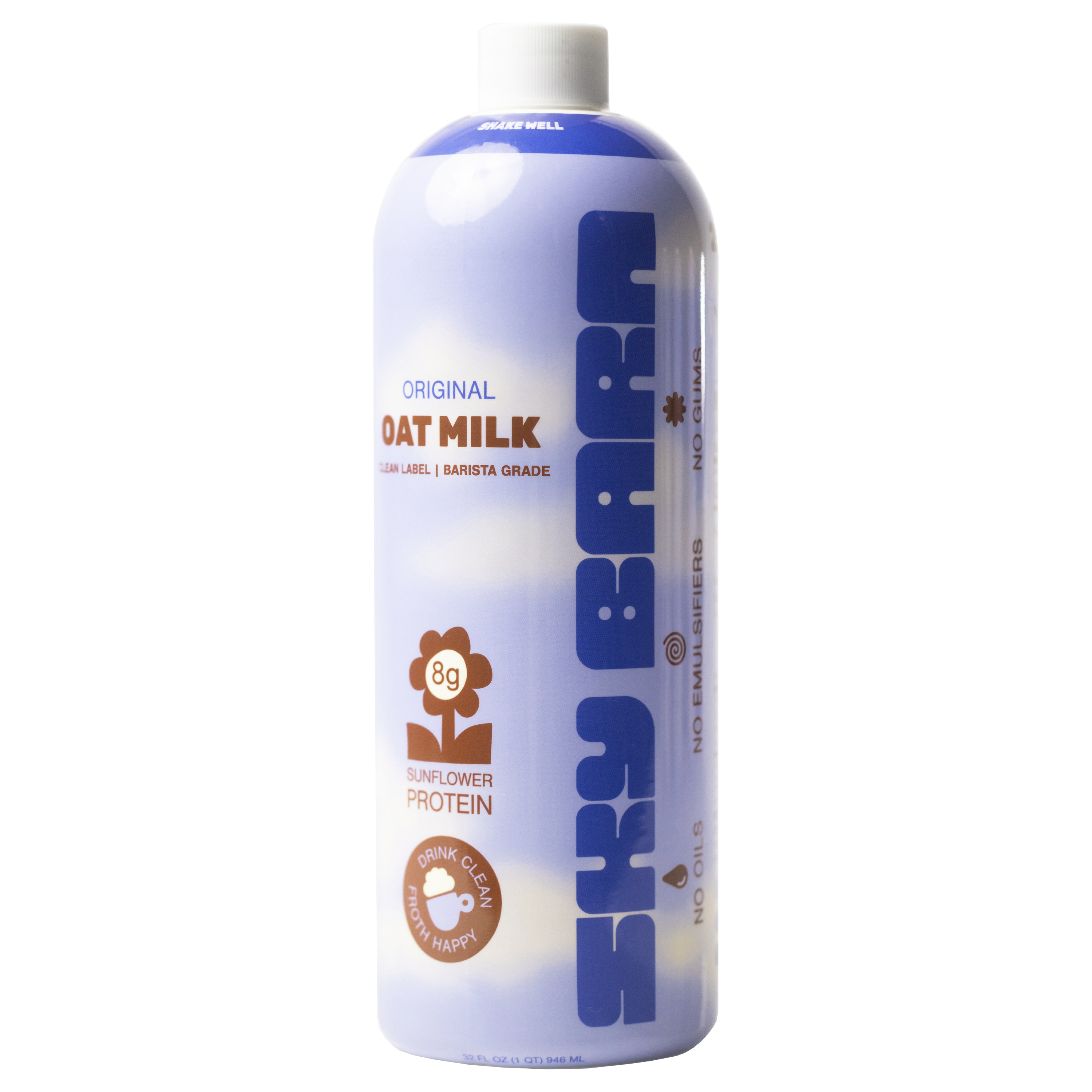 Barista grade bottle of original oat milk with sunflower protein on a cloudy sky background
