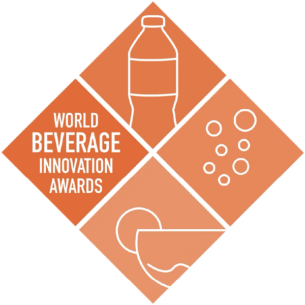 Logo for World Beverage Innovation Awards with a bottle, bubbles, and a diamond shape on an orange background.