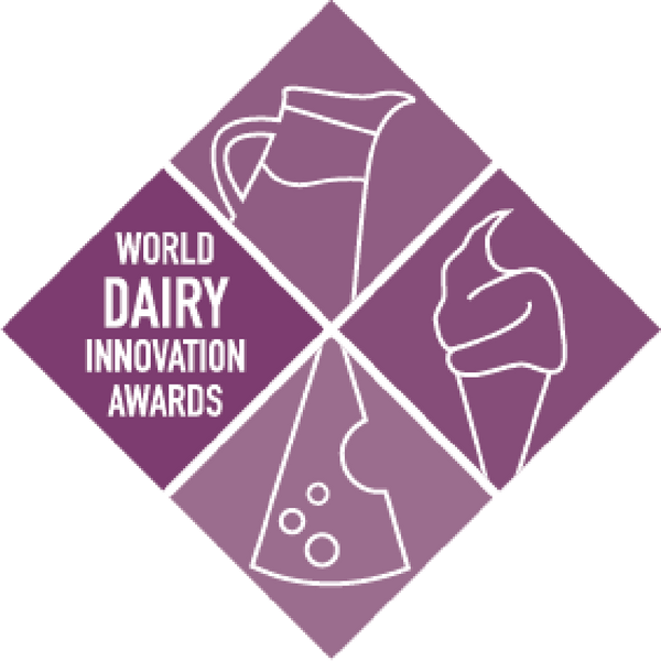 World Dairy Innovation Awards logo with dairy-themed icons on a purple background