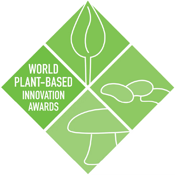 Logo for World Plant-Based Innovation Awards with green background and white text and icons.